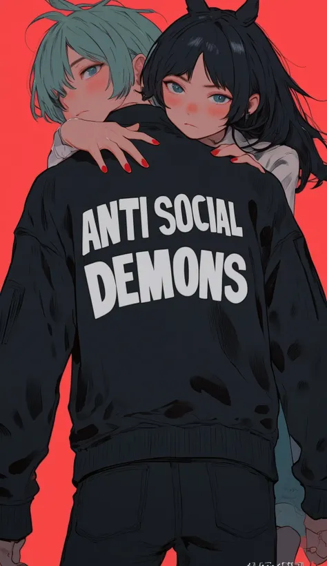暗い色and鮮やかな色が印象的な2人の人物を描いたデジタルイラスト. 手前のキャラクターteeth明るい色の髪で、 Black jackets with the phrase prominently written "A hand with long red nails from ANTI SOCIAL DEMONS CLUB" In bold white letters. 人物の肌の色teeth独特の青灰色で, Adds an otherworldly atmosphere. The hand with...