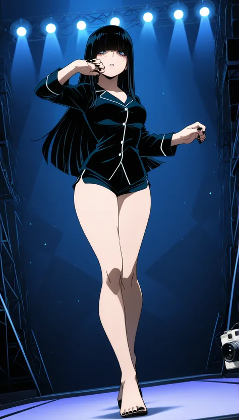 ((Highest Quality)), (fashion runway background), 1girl, full body, standing, breast, thighs, gyaru, solo, medium breasts, black hair, hime cut, long hair, hair over eyes, freckles, pale skinned, pale skinned female, black nail polish, Full body:1.5, My He...