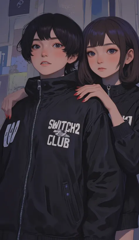 暗い色and鮮やかな色が印象的な2人の人物を描いたデジタルイラスト. 手前のキャラクターteeth明るい色の髪で、 Black jackets with the phrase prominently written "Switch2 CLUB" In bold white letters. 人物の肌の色teeth独特の青灰色で, Adds an otherworldly atmosphere. The hand with long red nails, Possibly belongs to a sec...