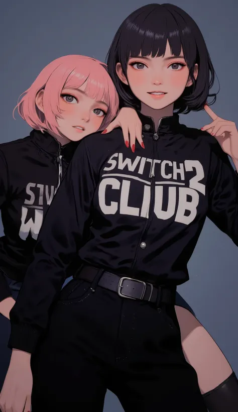 暗い色and鮮やかな色が印象的な2人の人物を描いたデジタルイラスト. 手前のキャラクターteeth明るい色の髪で、 Black jackets with the phrase prominently written "Switch2 CLUB" In bold white letters. 人物の肌の色teeth独特の青灰色で, Adds an otherworldly atmosphere. The hand with long red nails, Possibly belongs to a sec...