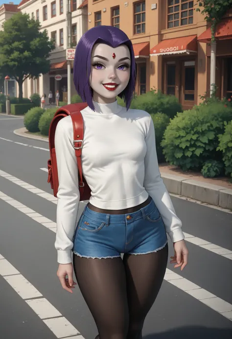 rachel roth, colored skin, grey skin, purple hair, medium hair, forehead jewel, purple eyes, small breast, huge hips, dark red lips.|  Score 9, Score 8, Score 7, Masterpiece, Superior Quality, Amazing Quality, Masterpiece, Maximum Quality, Ultra-detailed, ...