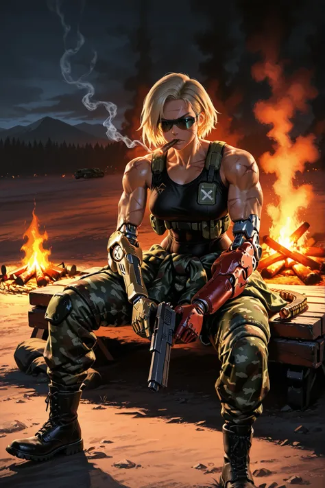 Highest Quality, masterpieces,Late 30s、 photorealistic, Fearless Female Soldier, short blonde, Military Sunglasses,  Toned body, Black Tank Top, wrap a camouflage jumper around your waist, Camouflage pants, combat boots, facial scars, Tobacco in Her Mouth,...