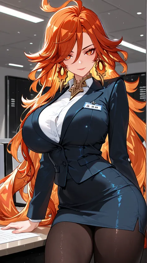 SOLO,A female,mavuika \(genshin impact\),symbol-shaped pupils, red eyes, large breasts, red hair, long hair, jewelry, earrings, Office uniform,Black pantyhose,wearing a Glassese,Seductive smile,slim body,Huge oppai,Indoors(Office),SOLO,cowboy shot,UHD, mas...