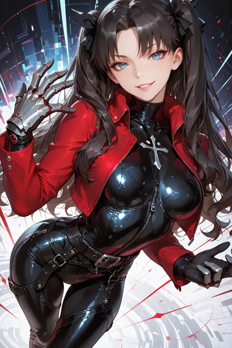 1girl, Tohsaka Rin, black hair, long hair, blue eyes, two side up, bangs, hair ribbon, parted bangs, medium breasts, black hair ribbon, belt, gloves, pants, long sleeves, zipper, buckle, turtleneck, jacket, cropped jacket, belt buckle, gauntlets, chaps, bo...