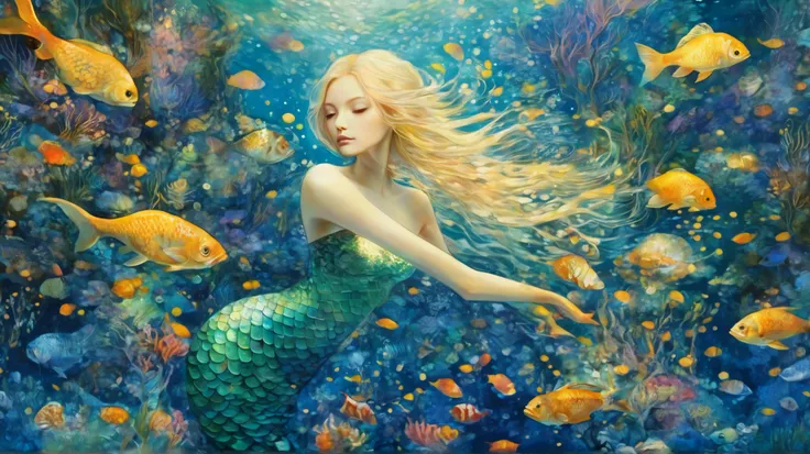 mermaid, sea, fishs, treasure,l fantasy, Starlit, dreamy mood, fine brushstrokes, Mahiro Maeda´s whimsical painting depicting, dramatic light, high contrast with patterns.