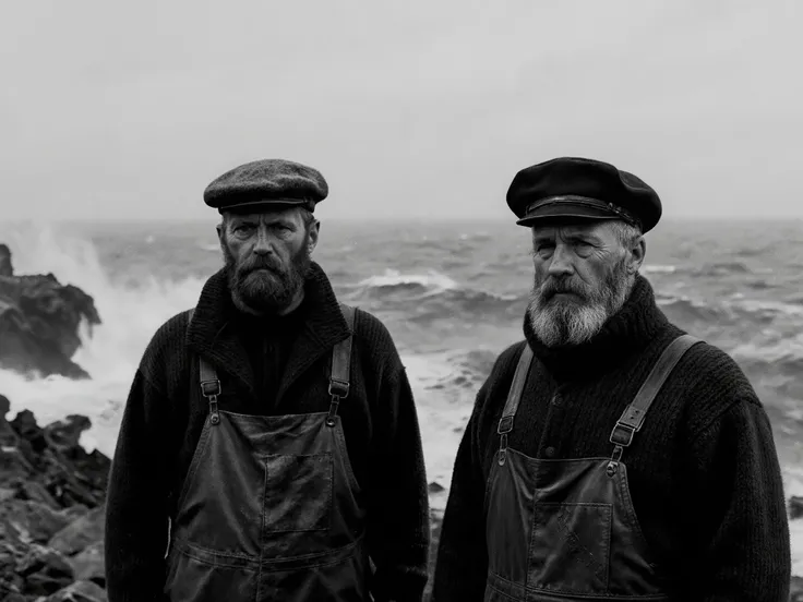 Ultra-realistic cinematic photo of two rugged lighthouse keepers by a stormy rocky coast, wearing heavy wool sweaters, work overalls, and traditional fisherman hats. Their faces are weathered, with beards and strong features, showing resilience against the...