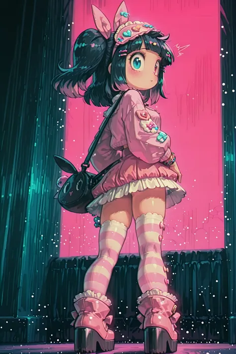 back angle, Bokeh Blur, shot with a 50mm lens, (masterpiece, highly detailed, vivid colors, anime illustration, fashion design), {1woman}:(a beautiful woman with an attractive body, L-shaped breasts, and thick, She has black hair with colored tips, heteroc...