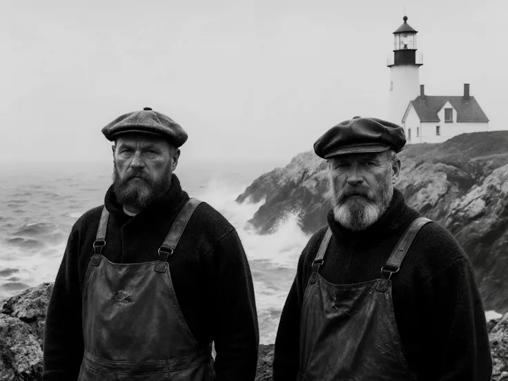 Ultra-realistic cinematic photo of two rugged lighthouse keepers by a stormy rocky coast, wearing heavy wool sweaters, work overalls, and traditional fisherman hats. Their faces are weathered, with beards and strong features, showing resilience against the...