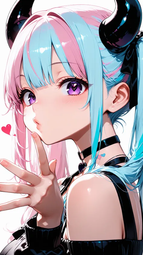 1girl, solo, ((cute)), (short), (purple eye), ((two-tone hair, pink hair, light blue hair, long hair, twintails)), (black horn), (heart choker), from side, cute expression, wink, close eye, blush, blowing a kiss, o3o, lips puckered, hand near mouth, palm facing outward, fingers slightly open, playful pose, ((beautiful detailed eye)), (detailed), (beautiful), ((masterpiece)), newest, ((incredibly absurdres)), ((best quality)), amazing quality, very aesthetic, (ultra-detailed), highly detailed, 32k, depth of field, high contrast