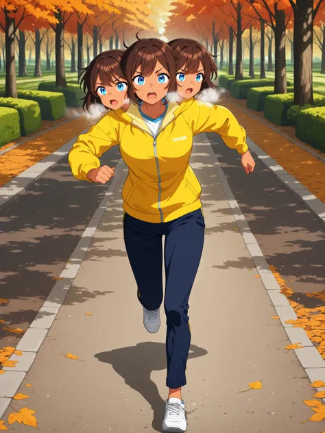 conjoined, anime girl with three heads, brown hair, blue eyes, tanned skin, breathing heavily, open mouth, focused, yellow jacket, dark blue pants, running along a park path, autumn