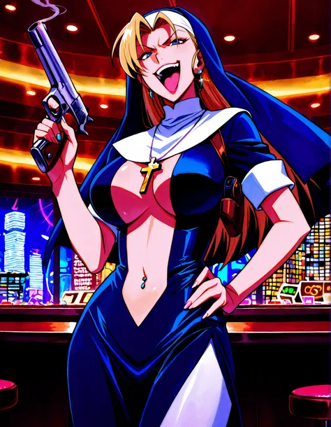 e1d22,1girl,solo,traditional nun,blonde hair,blue eyes,n_sunglasses,habit,(short sleeves:1.1),cross necklace,jewelry,shoulder holster,white pantyhose,
,ear piercing, long hair, , lipstick, Hot girl, baddie, smoking, sensual, attractive , cross necklace, ch...
