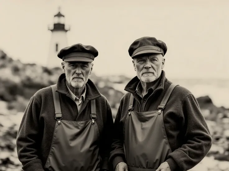 Ultra-realistic cinematic photo of two rugged lighthouse keepers by a rocky seashore, captured in a dramatic sepia palette. They wear heavy wool sweaters, fisherman overalls, and traditional maritime hats, their faces weathered by the harsh sea wind. The s...