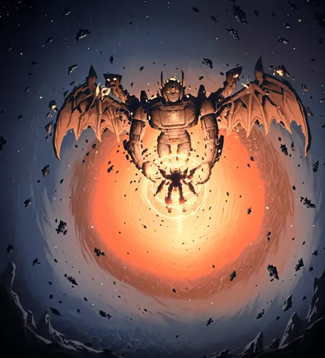 7-MadCat,scenery,nierscene, unicron, transformers, a robot the size of a planet floating in space and reaching out it's hand to crush a spaceship, glowing eyes, space debris, the end of the world, blue and orange and white robot with lareg horns on it's he...