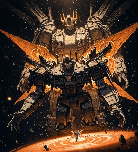 scenery,nierscene,4pp4l4chi4 Folk Horror,fluxmecha, unicron, transformers, a robot the size of a planet floating in space and reaching out it's hand to crush a spaceship, glowing eyes, space debris, the end of the world, blue and orange and white robot wit...