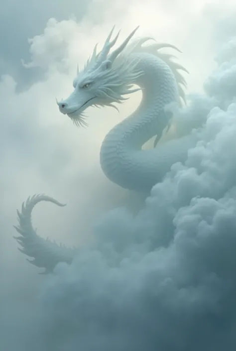 Amid the thick mist, a chinese white dragon’s silhouette moves with an elegant, fluid grace, like a whisper of ancient power