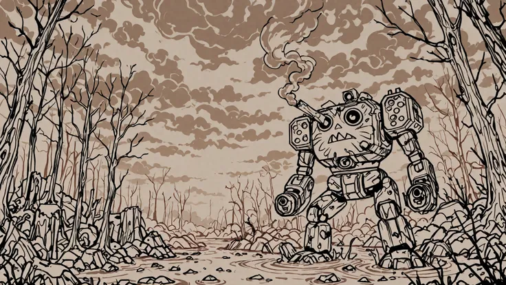 Lineart, sketch, 7-MadCat, a Mad Cat battlemech striding through a swamp, cloudy sky, broken trees, smoke in the distance