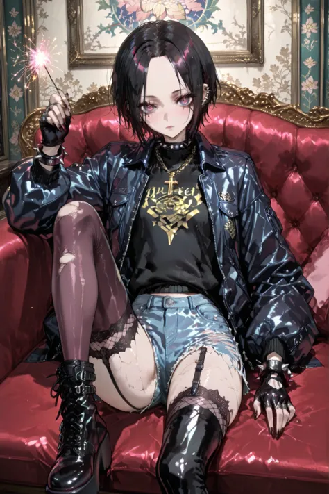 nana osaki \(nana\) a young punk woman sitting on a red velvet couch, look like a tough Goth-punk rocker, holding a sparkler in her right hand and wearing a black  sweater with blue and yellow stripes and denim shorts. on the middle of the image, a 20-year...