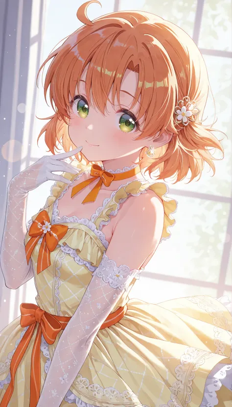 (masterpiece, best quality, highly detailed, intricate detail), front Lighting, 1girl, yabuki kana, happy-smile, lots of (lace and frilled) dress, sleeveless dress, (Check pattern print yellow dress), (layered) dress, white lace gloves, elbow gloves, hair ...