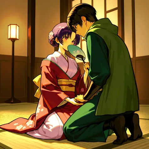 Masterpiece, cute, romantic, high resolution, two people, couple, adult, height difference, unique fashion, love, happiness, making a vow, male characteristics (ninja, green ninja uniform, green hood, covering mouth, purple hair, short hair, brown eyes, sl...