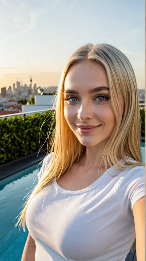 A beautiful blonde woman, around 20 years old, with a youthful, sculpted hourglass figure — a flat stomach, softly defined waist, full hips, and natural, firm curves. Her fair skin has a smooth, porcelain-like glow. Her long, straight golden-blonde hair fa...