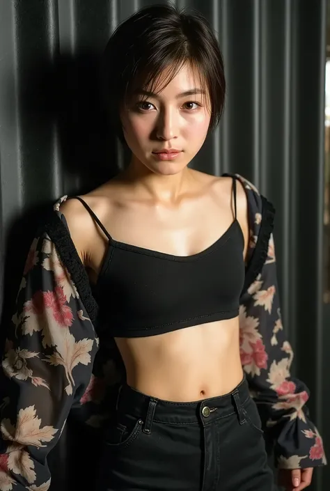 Woman, wicked smile, exposed midriff, abs, watching viewer, short hair