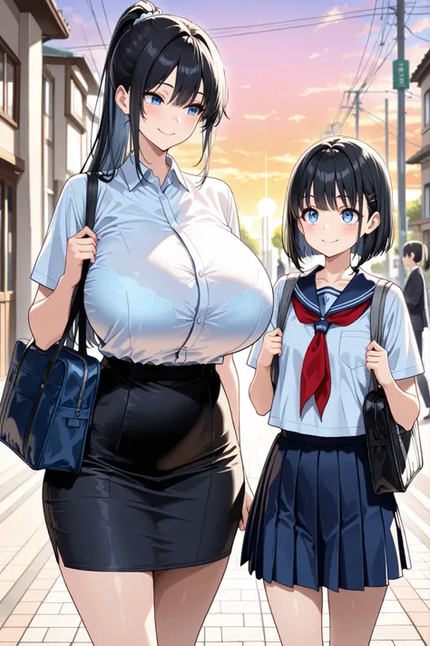 (masterpiece, details, Highest Quality, 8K, visible, absurd:1.2), 2 Japanese Women, sisterとyounger sister, and stare at each other, (sister, 23 years old, Very Tall, beautiful character design, black hair, straight hair, ponytail, Adult face, 美しくdetailsな目の...