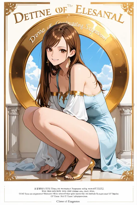 1 female, cute, Long straight brown hair, brown eyes, sky blue one piece, slender build, sunlit room, clear weather, bright smile, no bangs, side-swept bangs, magazine page layout, headline text at the top left, body text block below, sidebar with smaller ...