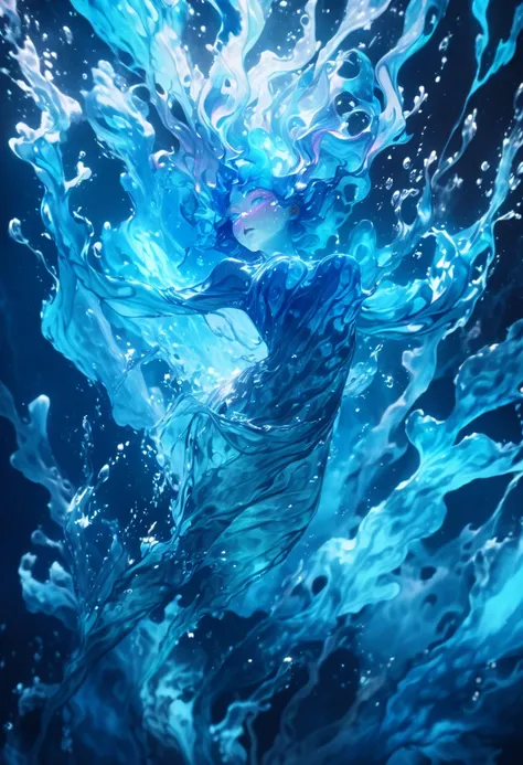 A genasi made of water, woman with water-like skin and wavy blue hair, beautiful and detailed eyes, beautiful and detailed lips, extremely detailed face, long eyelashes, poses elegantly, underwater scene, glowing bioluminescent plants, ethereal lighting, c...