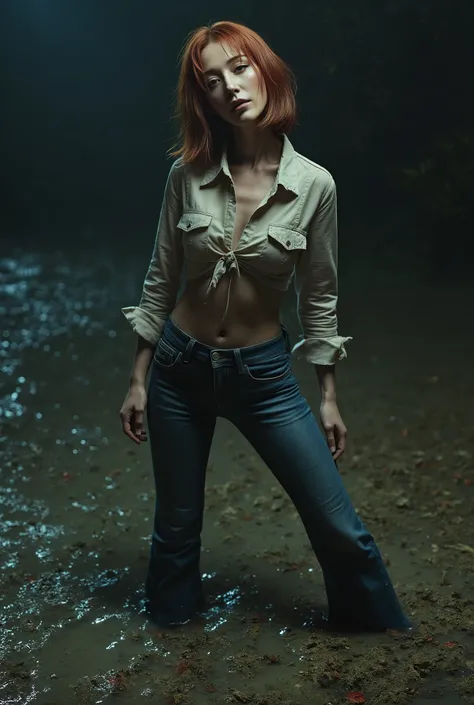 The oppressive atmosphere of fetish-torture, dirty desire, middle-aged woman, wrinkles, vulgar, duckweed, drowns in a muddy swamp. eye bags, wrinkles, tight flared messy denim jeans and skinny shirt, copper chestnut bob, posing while standing in sexual ten...