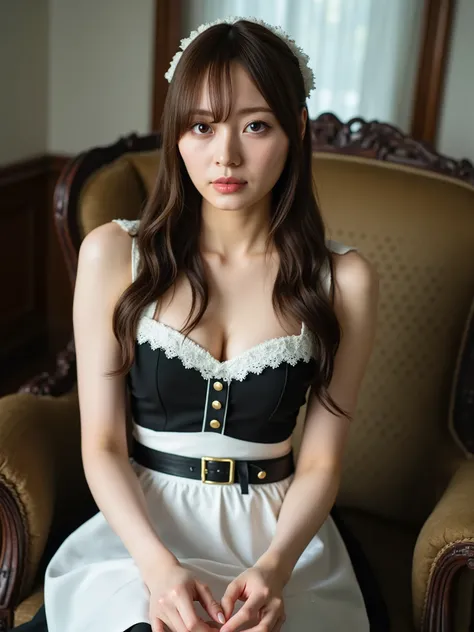 super real、photorealistic、dramatic scene、facing the front、 wide angle view、Sit gracefully on an antique chair、Woman with long shiny hair、wave hair、twin tails、black maid outfit、exposed shoulders、 WHITE FRILLED APRON、White lace headdress、black tights、black p...