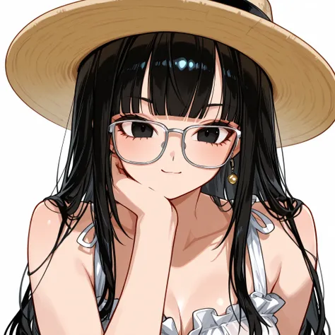 A Girl, Mai From Dragon ball character, Black straight long hair, blunt bangs, Sharp black eyes, Wear a Sundress glasses hat