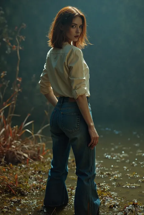 Grotesque atmosphere, tormented by dirty desires, middle-aged woman, wrinkles, vulgar, duckweed, drowns in a muddy swamp. Turns back seduces, eye bags, wrinkles, tight flared messy washed denim jeans and fitted shirt, copper chestnut bob, poses standing in...