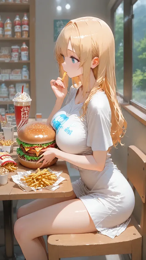 masterpiece, Super High Resolution with stalls lined up,1 girl,Sitting,From the side,kind smile,no hair ornament,large u-neck t-shirt,sexy shoulder,sitting,hamburger shop,Oh I want to eat a hamburger — French fries and cola together while eating a big hamburger like a Big Mac、Hey、Don't you think so？