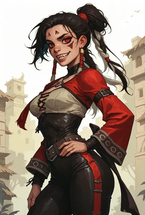 Drawn like the artist Bob Kehl. The indiginous (Inca) girl has white and dark hair, darker skin, red-coloured eyes, with sharp teeth, athletic body and abs. White highlights in her braid. She wears Aztec leather outfit with snakeskin-texture. She has small...