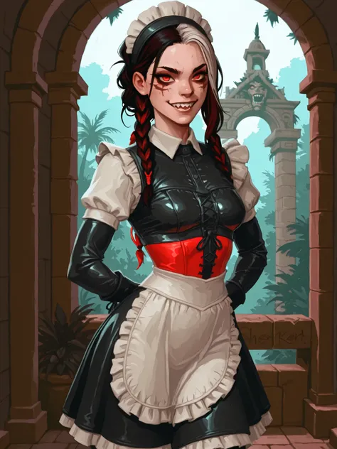 Drawn like the artist Bob Kehl. The indiginous (Inca) girl has white and dark hair, darker skin, red-coloured eyes, with sharp teeth, athletic body and abs. White highlights in her braid. She wears Aztec leather outfit with snakeskin-texture. She has small...