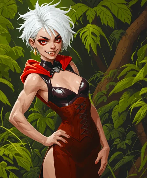 Drawn like the artist Bob Kehl. The indiginous (Inca) girl has white and dark hair, darker skin, red-coloured eyes, with sharp teeth, athletic body and abs. White highlights in her braid. She wears Aztec leather outfit with snakeskin-texture. She has small...