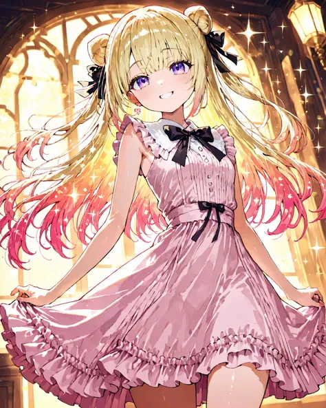 A young woman with long, flowing blonde hair tied into a single elegant bun stands with her arms playfully behind her back, looking directly at the viewer with a cheerful, open-mouthed smile. She has striking purple eyes that sparkle with joy. The woman we...