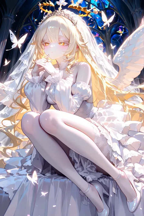 super detail, masterpiece, best quality, high resolution, 8k, ultra high anatomy, facial, only 1 girl, long blonde hair, White lace veil, golden eyes, white diamond shaped pupil, Pale skin with matching pale Cherry Pink eyelashes, white Frilly sleeves wedd...