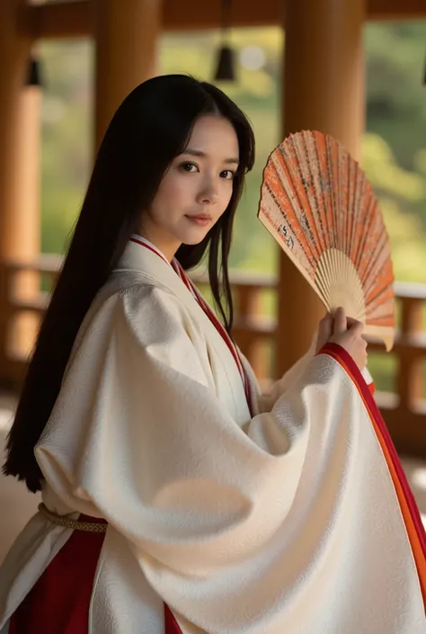 is a live action image。watching viewers、wrapped in fantastic light in spring dusk, A Japanese woman in the form of an elegant shrine maiden、wearing a traditional shrine maiden costume consisting of a pure white coat (kimono-style top) wearing flowing sleev...