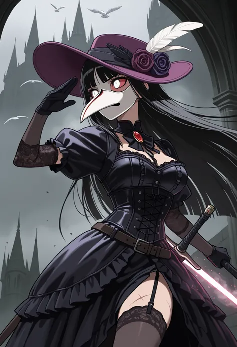 masterpiece, best quality, amazing quality, anime coloring, Lady_Pandemika, plague doctor, white bird mask, solo, female, gloves, black clothes, gothic outfit, purple hat, no hair, red sclera, white eyes, eyelashes, human, bats, gothic castle on backgound,...