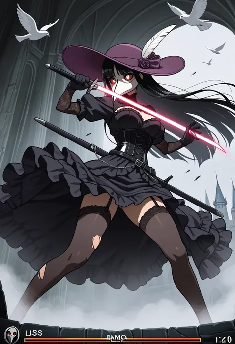 masterpiece, best quality, amazing quality, anime coloring, Lady_Pandemika, plague doctor, white bird mask, solo, female, gloves, black clothes, gothic outfit, purple hat, no hair, red sclera, white eyes, eyelashes, human, bats, gothic castle on backgound,...