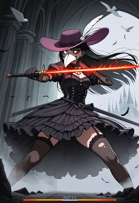 masterpiece, best quality, amazing quality, anime coloring, Lady_Pandemika, plague doctor, white bird mask, solo, female, gloves, black clothes, gothic outfit, purple hat, no hair, red sclera, white eyes, eyelashes, human, bats, gothic castle on backgound,...