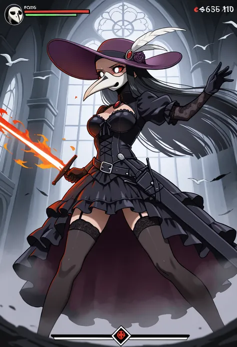 masterpiece, best quality, amazing quality, anime coloring, Lady_Pandemika, plague doctor, white bird mask, solo, female, gloves, black clothes, gothic outfit, purple hat, no hair, red sclera, white eyes, eyelashes, human, bats, gothic castle on backgound,...