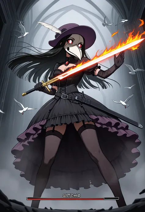 masterpiece, best quality, amazing quality, anime coloring, Lady_Pandemika, plague doctor, white bird mask, solo, female, gloves, black clothes, gothic outfit, purple hat, no hair, red sclera, white eyes, eyelashes, human, bats, gothic castle on backgound,...