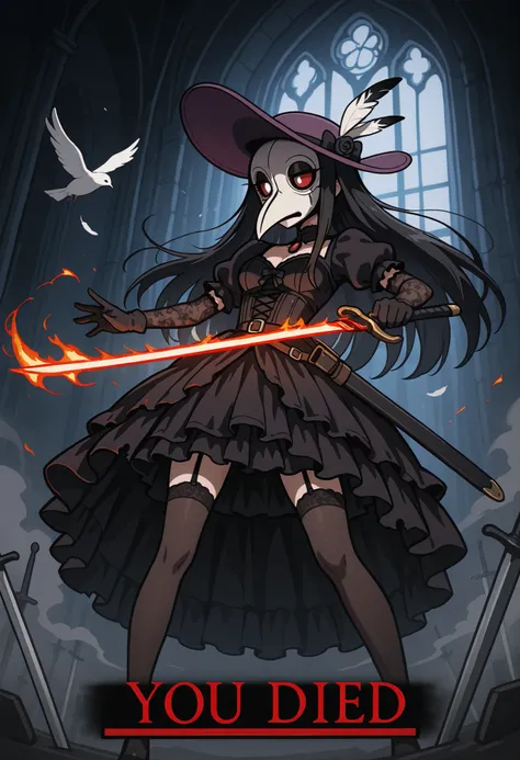 masterpiece, best quality, amazing quality, anime coloring, Lady_Pandemika, plague doctor, white bird mask, solo, female, gloves, black clothes, gothic outfit, purple hat, no hair, red sclera, white eyes, eyelashes, human, bats, gothic castle on backgound,...