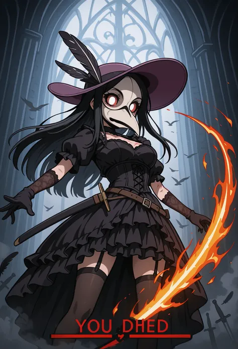 masterpiece, best quality, amazing quality, anime coloring, Lady_Pandemika, plague doctor, white bird mask, solo, female, gloves, black clothes, gothic outfit, purple hat, no hair, red sclera, white eyes, eyelashes, human, bats, gothic castle on backgound,...