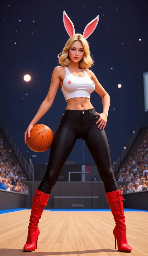 This is a CGI image of Lola Bunny from "Space Jam," reimagined in a sexy, modern style. She stands confidently in a basketball court with a starry space backdrop. Lola has a curvaceous figure, large breasts, and wears a tight white crop top, black high-wai...