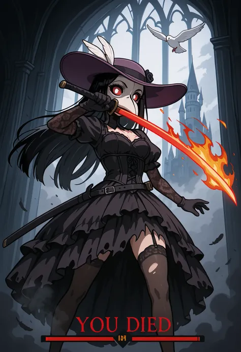 masterpiece, best quality, amazing quality, anime coloring, Lady_Pandemika, plague doctor, white bird mask, solo, female, gloves, black clothes, gothic outfit, purple hat, no hair, red sclera, white eyes, eyelashes, human, bats, gothic castle on backgound,...