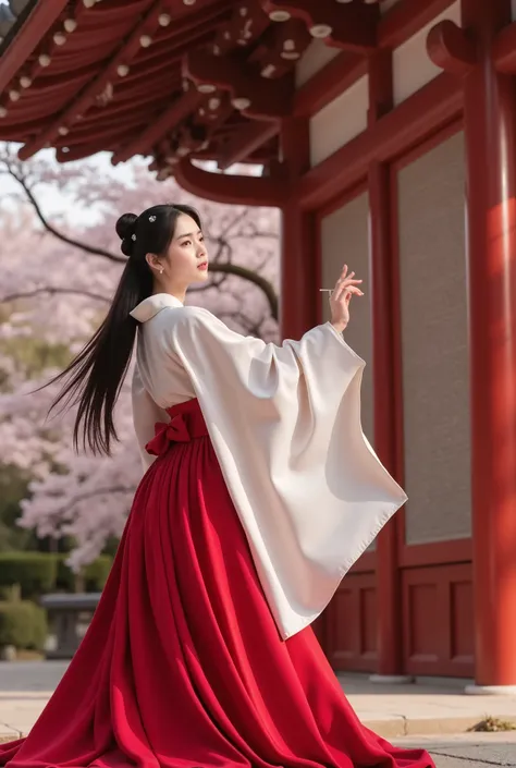 is a live action image。Japanese woman、It looks like it's dancing towards the viewers、wrapped in fantastic light in spring dusk, A Japanese woman in the form of an elegant shrine maiden、wearing a traditional shrine maiden costume consisting of a pure white ...