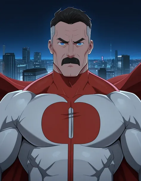 masterpiece, best quality, amazing quality, OmnimanIL, 1boy, solo, black hair, short hair, blue eyes, male focus, mature male, mustache, frown, huge and muscular, white bodysuit, red bodysuit, cape, flying, city, night, from the front, upper body shot, hig res, detailed